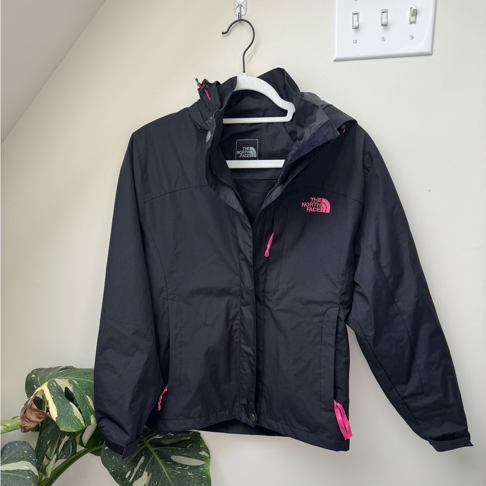 The North Face Women’s Black Wind Breaker Hooded Jacket with Pink Accents